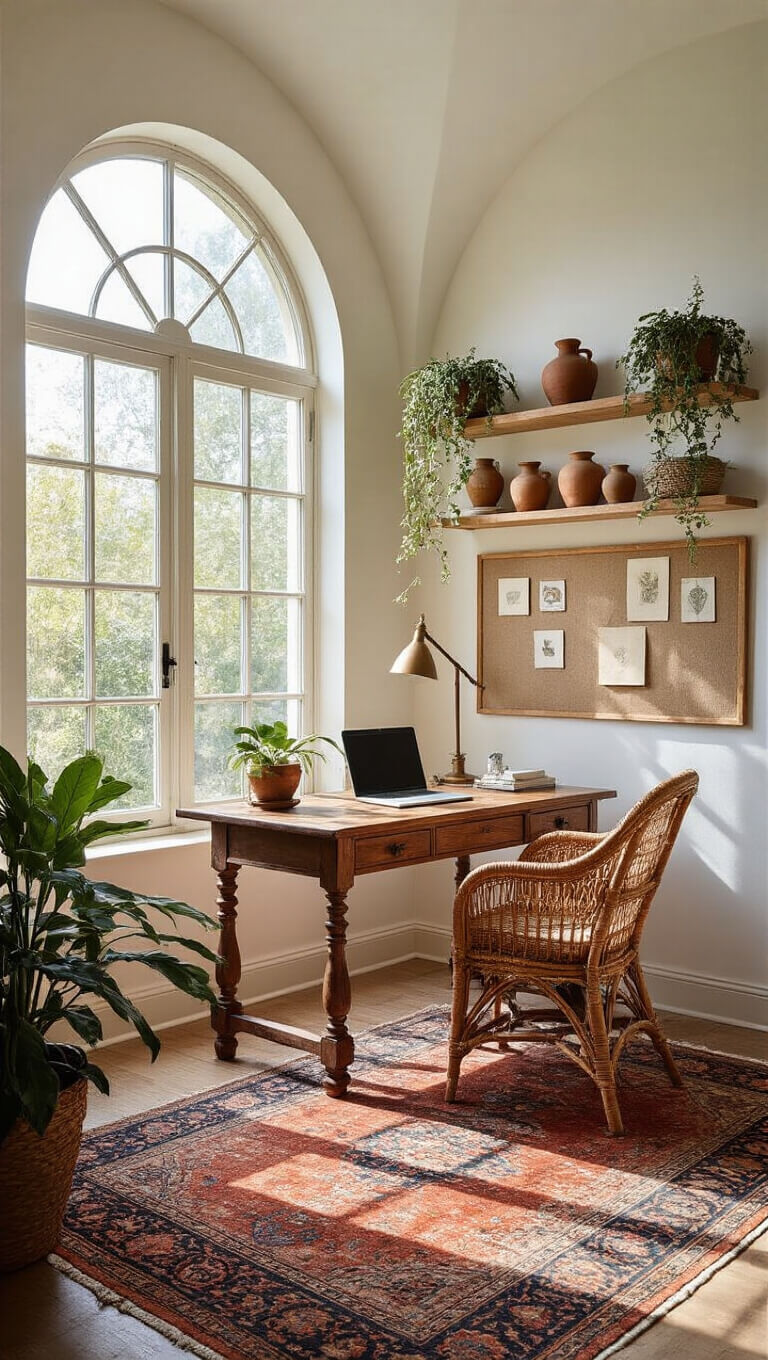 Airy 14x16ft home office with arched window, vintage wooden desk, rattan peacock chair, layered faded rugs, pottery on floating shelves, and trailing plants in soft mid-morning light.