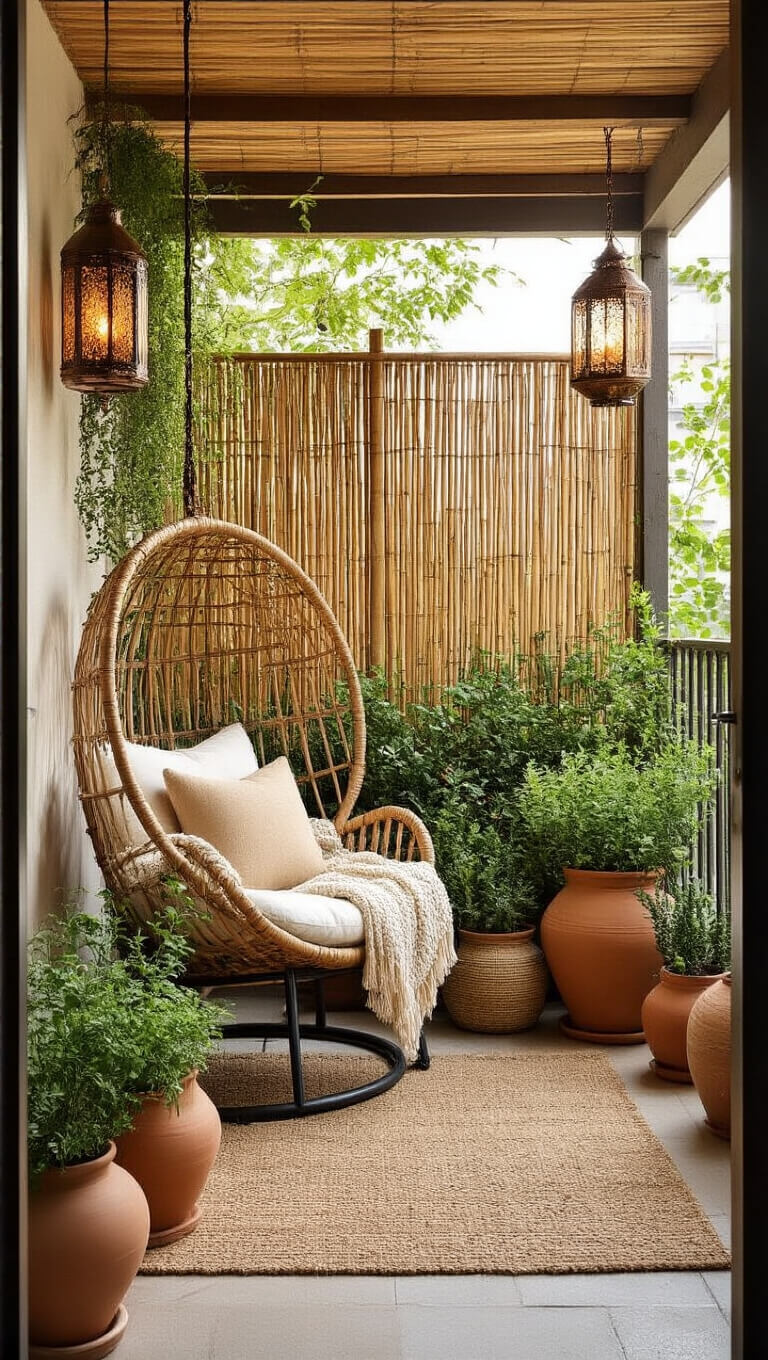 Urban balcony oasis with rattan egg chair, herbs in terracotta pots, and golden hour light through bamboo screen.
