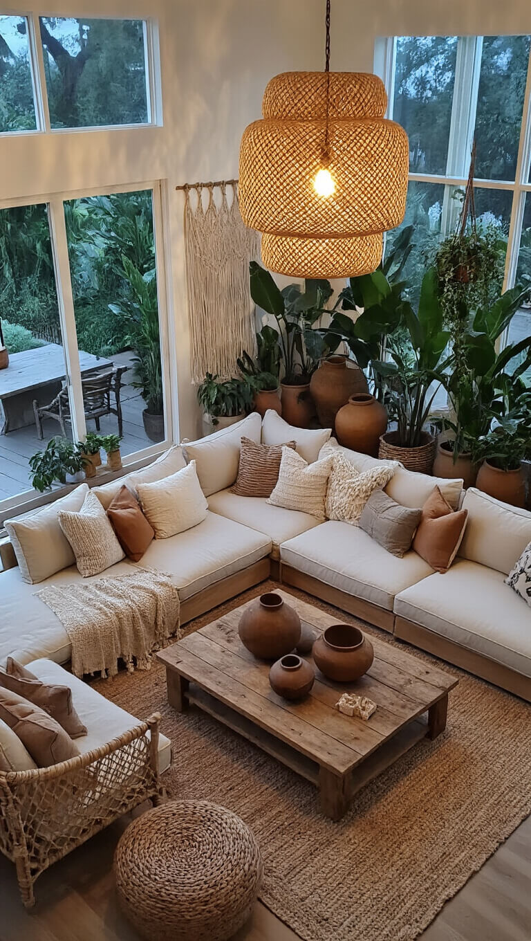 Bohemian open-concept living-dining space with rattan pendant, low linen sectional, vintage decor, lush plants, and macramé divider at twilight.