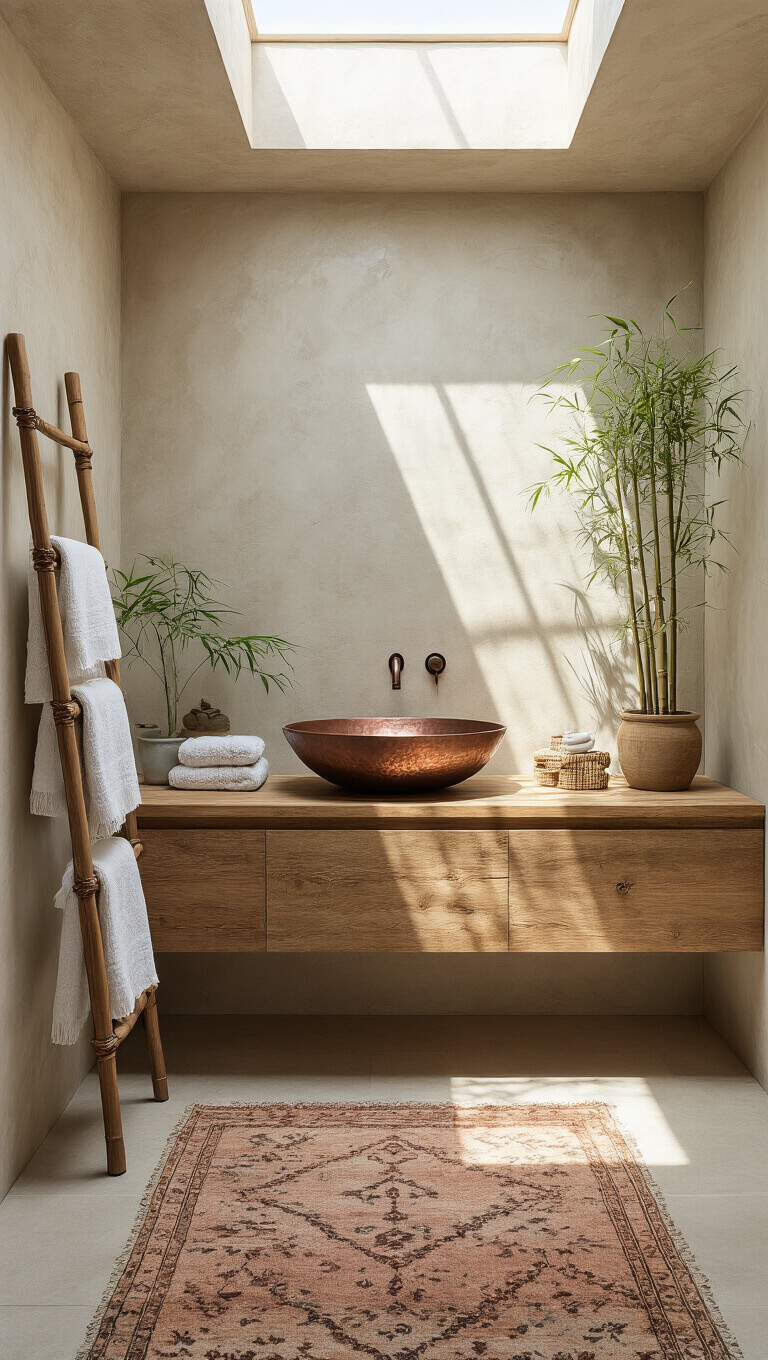 Zen-inspired 10x12ft bathroom with skylight, floating wooden vanity, hammered copper vessel sink, vintage Moroccan rug, rattan ladder with Turkish towels, and potted plants in natural morning light.