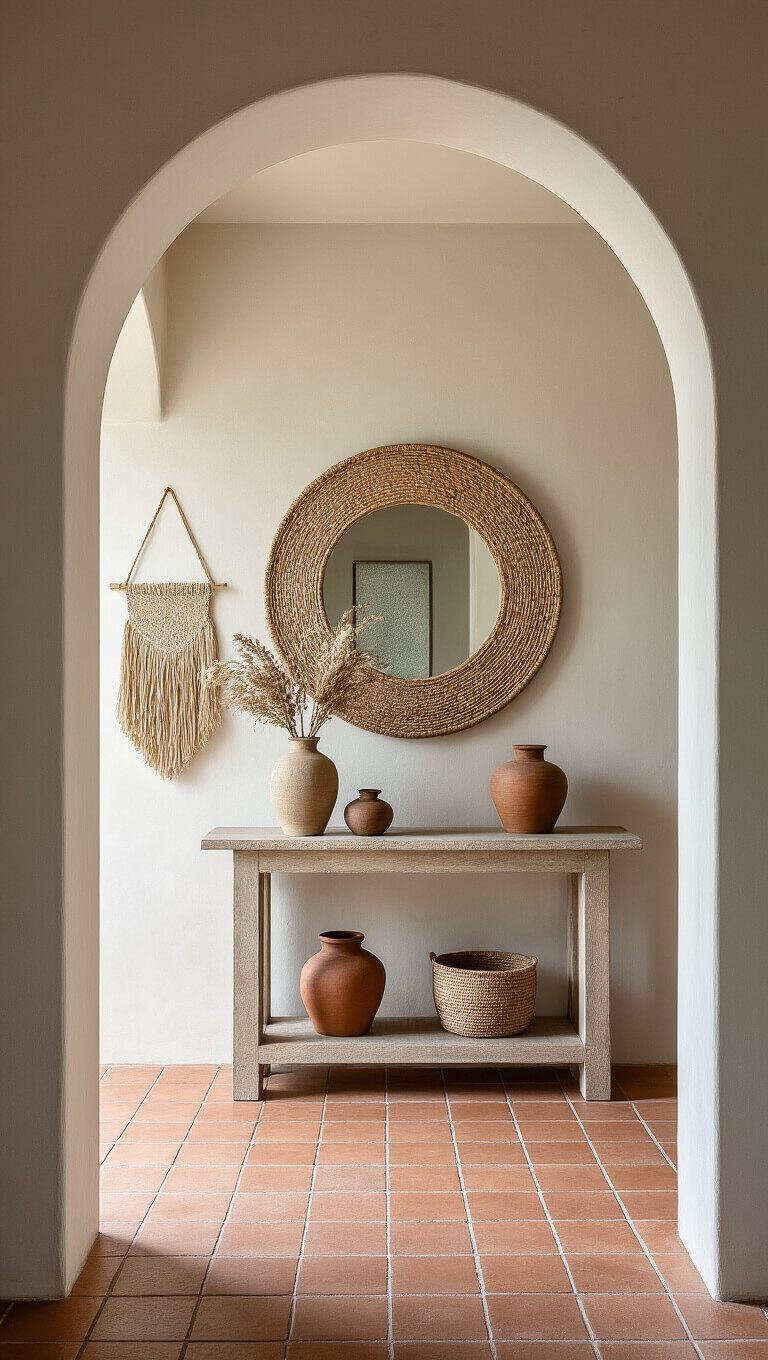 Warm entryway with arch detail, morning light through textured glass, vintage console table with ceramics and dried flowers, round rattan mirror, handwoven wall hanging, terracotta tile floor.