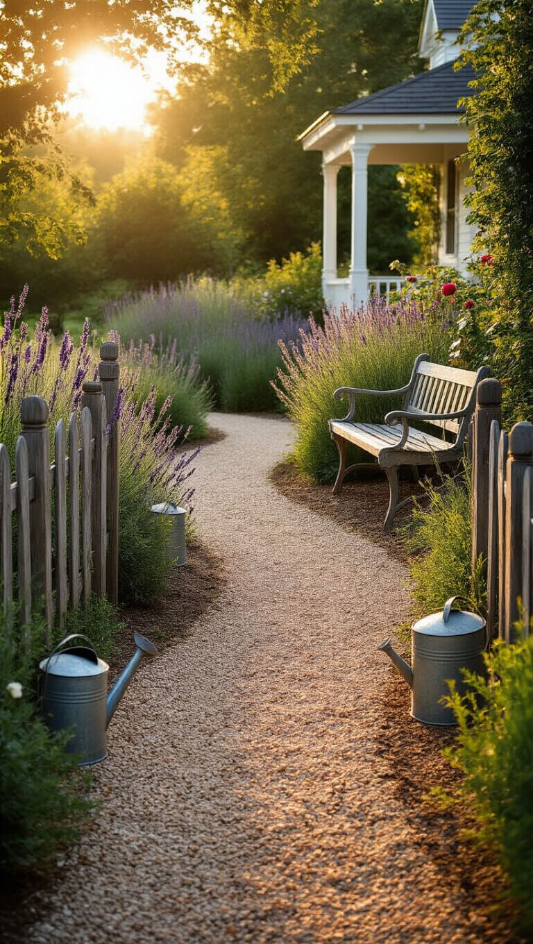 Rustic garden path with crushed gravel leading to a whitewashed farmhouse, bordered by cedar fencing, lavender, and roses in golden hour sunlight.