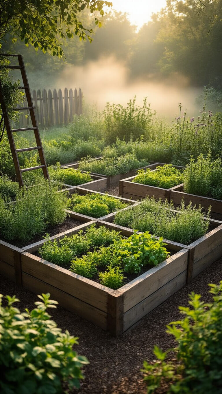 Overhead view of a 12x15 foot raised herb garden with geometric beds made of reclaimed barn wood, morning mist, sunlit dewdrops on sage, thyme, and rosemary, rustic metal markers, and a vintage ladder herb rack.