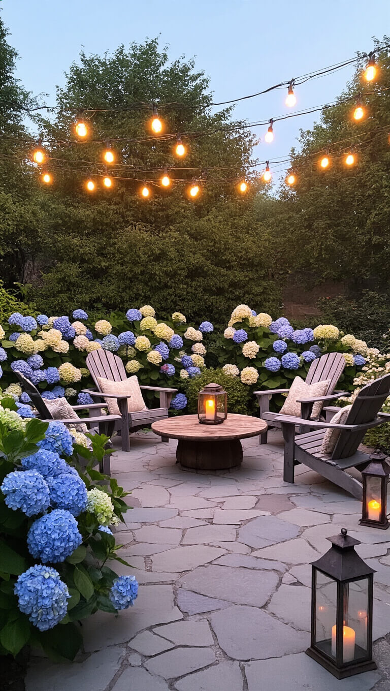 Cozy twilight garden patio with Adirondack chairs around a spool table, surrounded by blue and cream hydrangeas, string lights glowing overhead, and antique lanterns adding warmth.