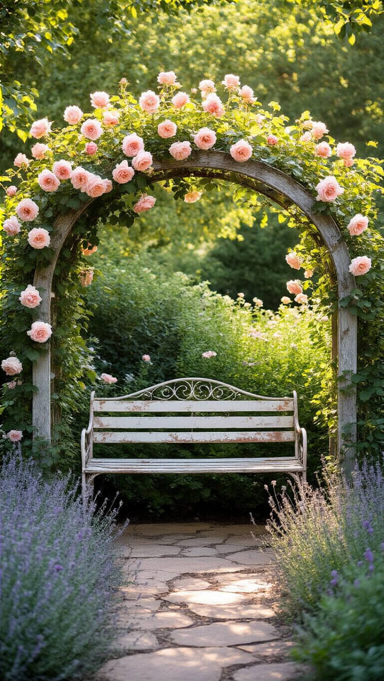 Low-angle view of a rustic garden nook with a weathered wooden arch covered in soft pink and cream antique roses, a metal bench beneath, and surrounding catmint and lamb's ear in dappled late morning light.