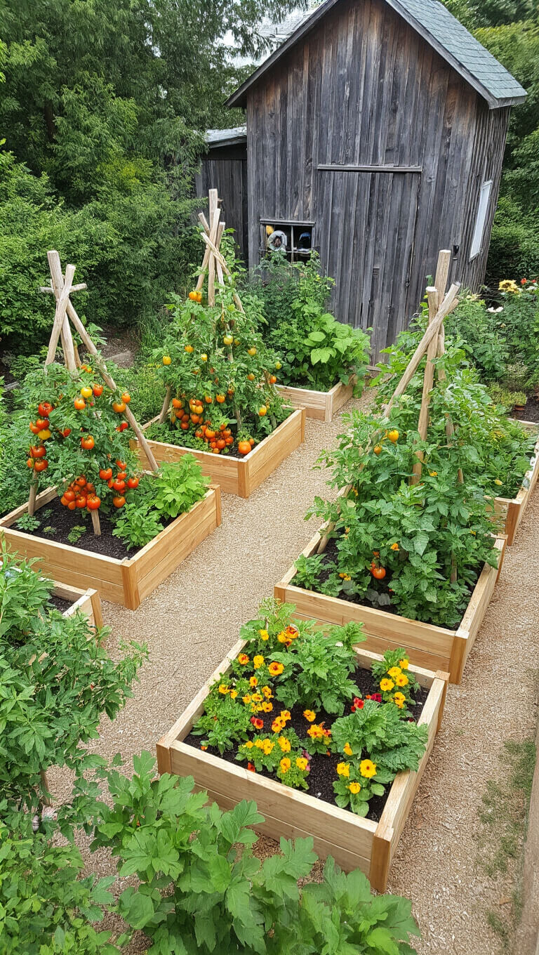 Bird's eye view of a 20x30 foot farmhouse vegetable garden with raised cedar beds in a geometric layout, wooden obelisks supporting tomato plants, colorful marigolds and nasturtiums, and a rustic vertical-board tool shed.