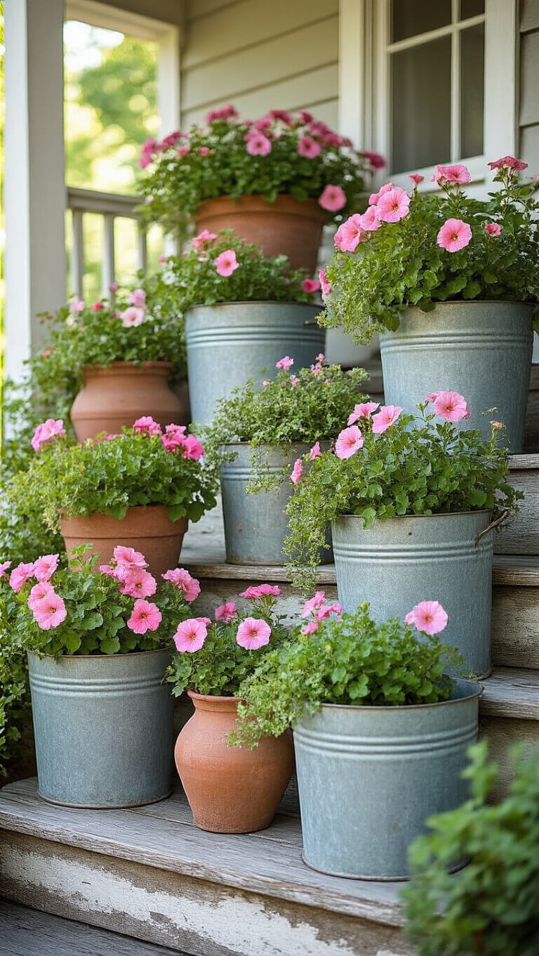 Vintage farmhouse porch display featuring layered weathered zinc containers and antique crocks with pastel petunias, geraniums, and trailing vines on distressed wooden steps in soft afternoon light.