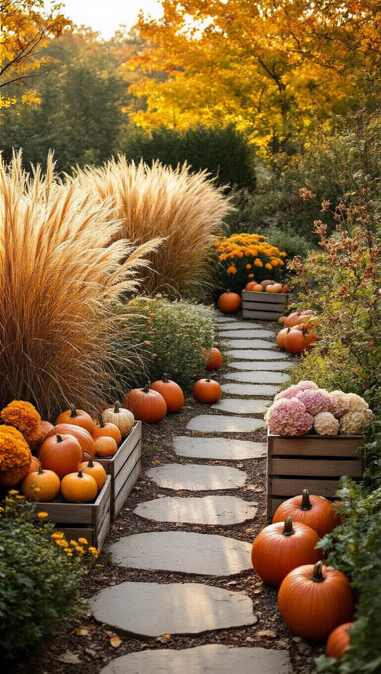 Autumn farmhouse garden with ornamental grasses, pumpkins, sedum, and vintage crates in warm afternoon light.