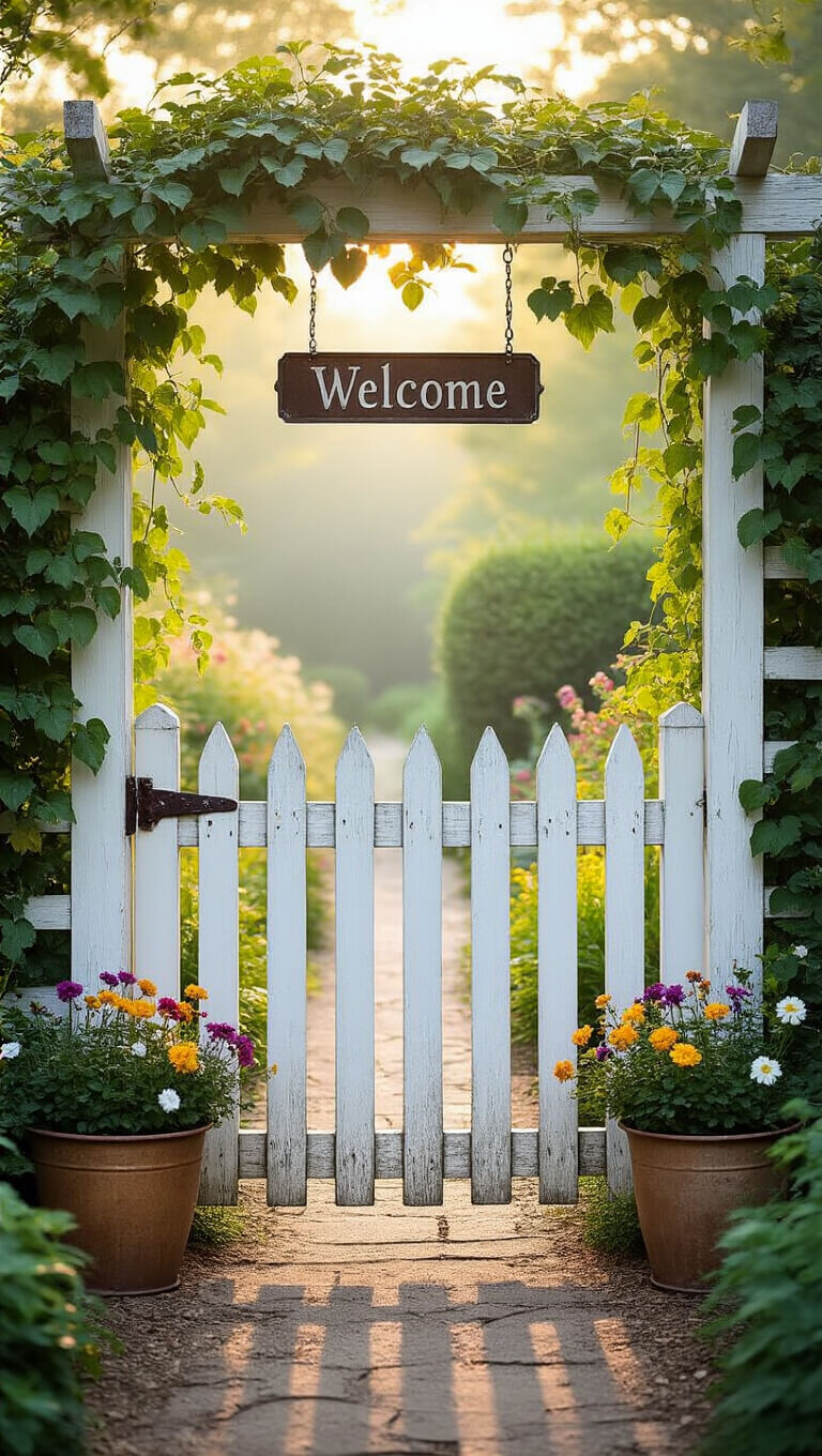 Distressed white picket garden gate with morning glory vines, flanked by vintage flower-filled planters and a rustic welcome sign, warmly lit by early morning sun.