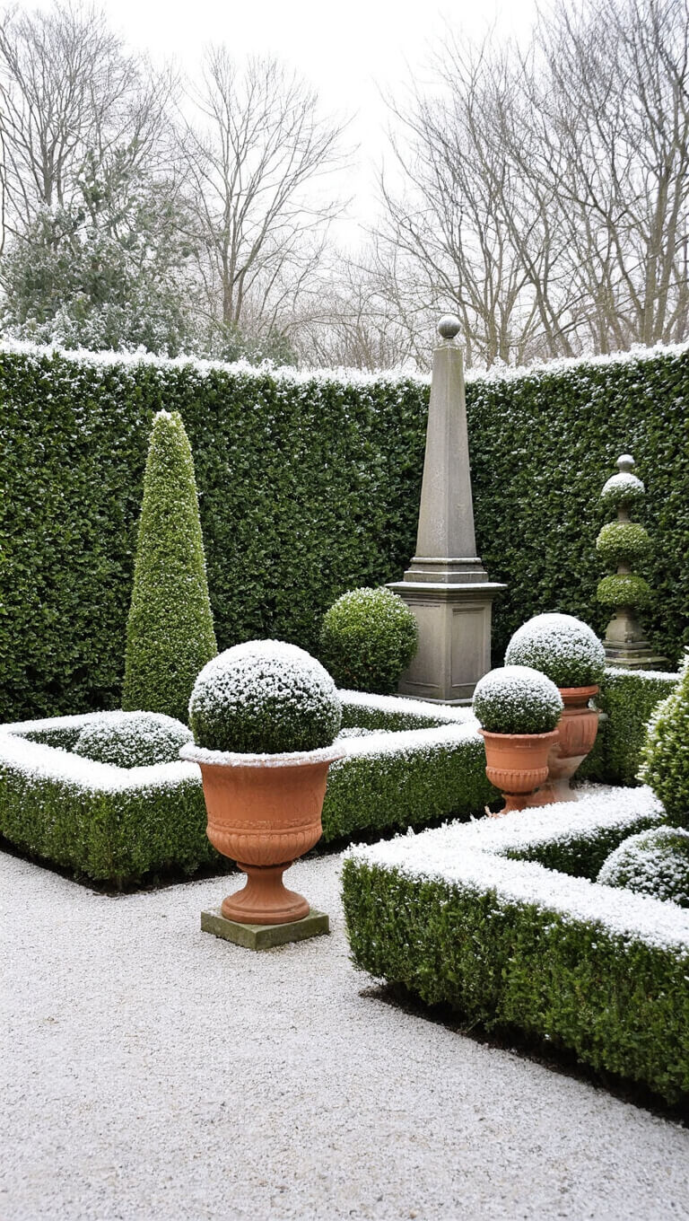 Formal winter garden with snow-covered boxwood hedges, frosted garden orbs, weathered obelisks, and evergreen topiary in terracotta pots under overcast sky.