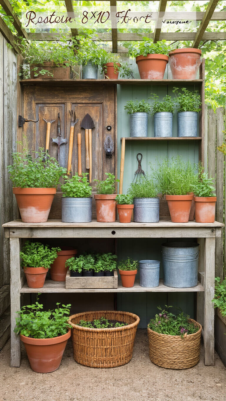 Close-up of a rustic garden potting station with a reclaimed door bench, vintage tools, zinc containers, and terra cotta pots filled with fresh herbs and seedlings.