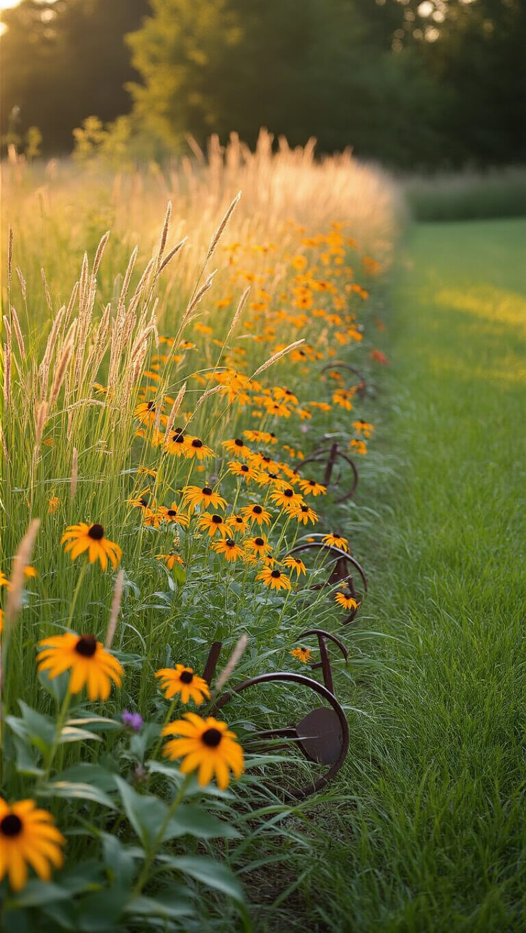 Low-angle view of a wildflower meadow edge with native grasses, black-eyed susans, and echinacea, vintage farm tools tucked among plants, glowing in golden hour light.