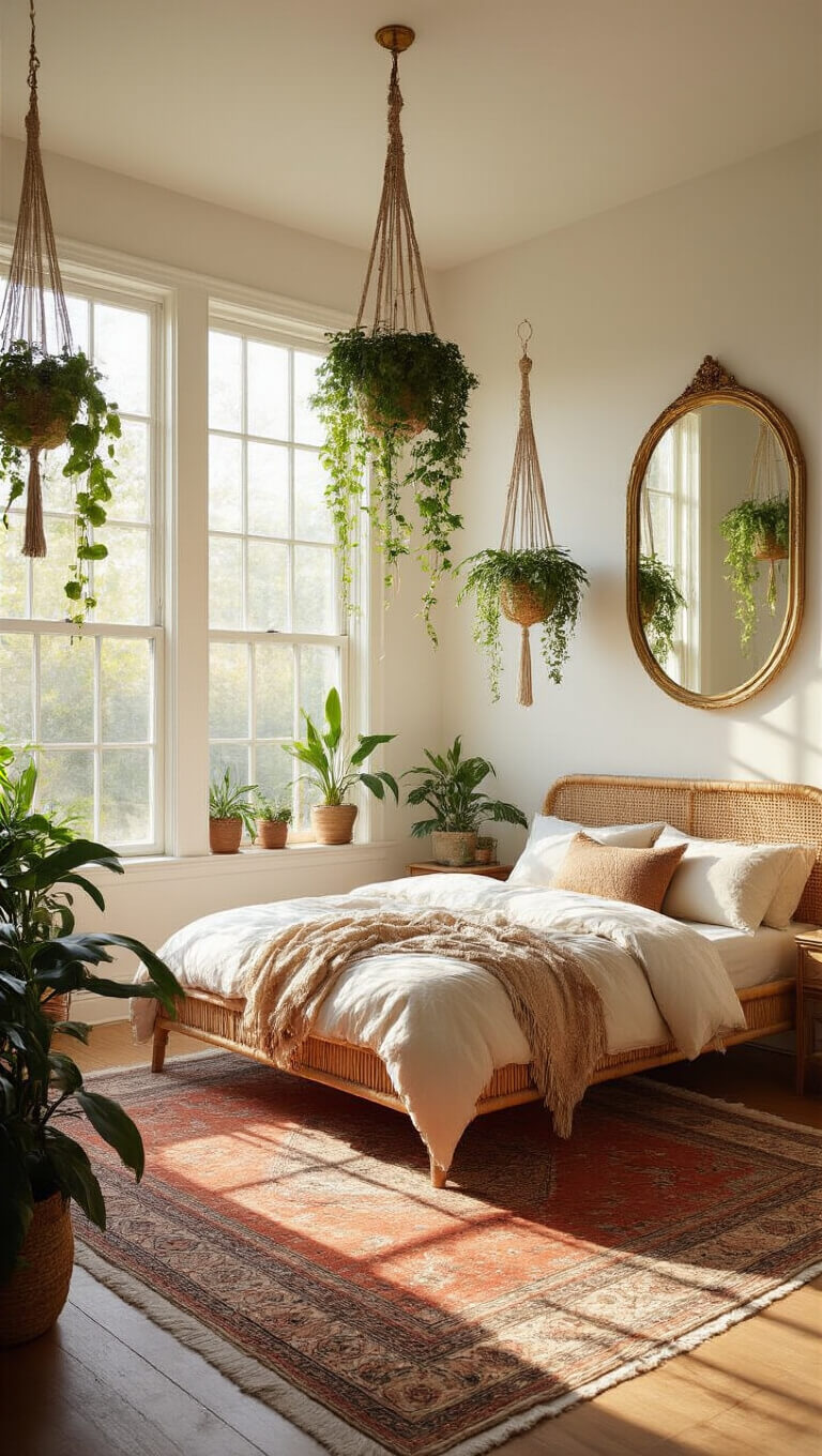 Sunlit 14x16ft bedroom with rattan bed, hanging plants, layered Persian rugs, and brass mirror reflecting greenery.
