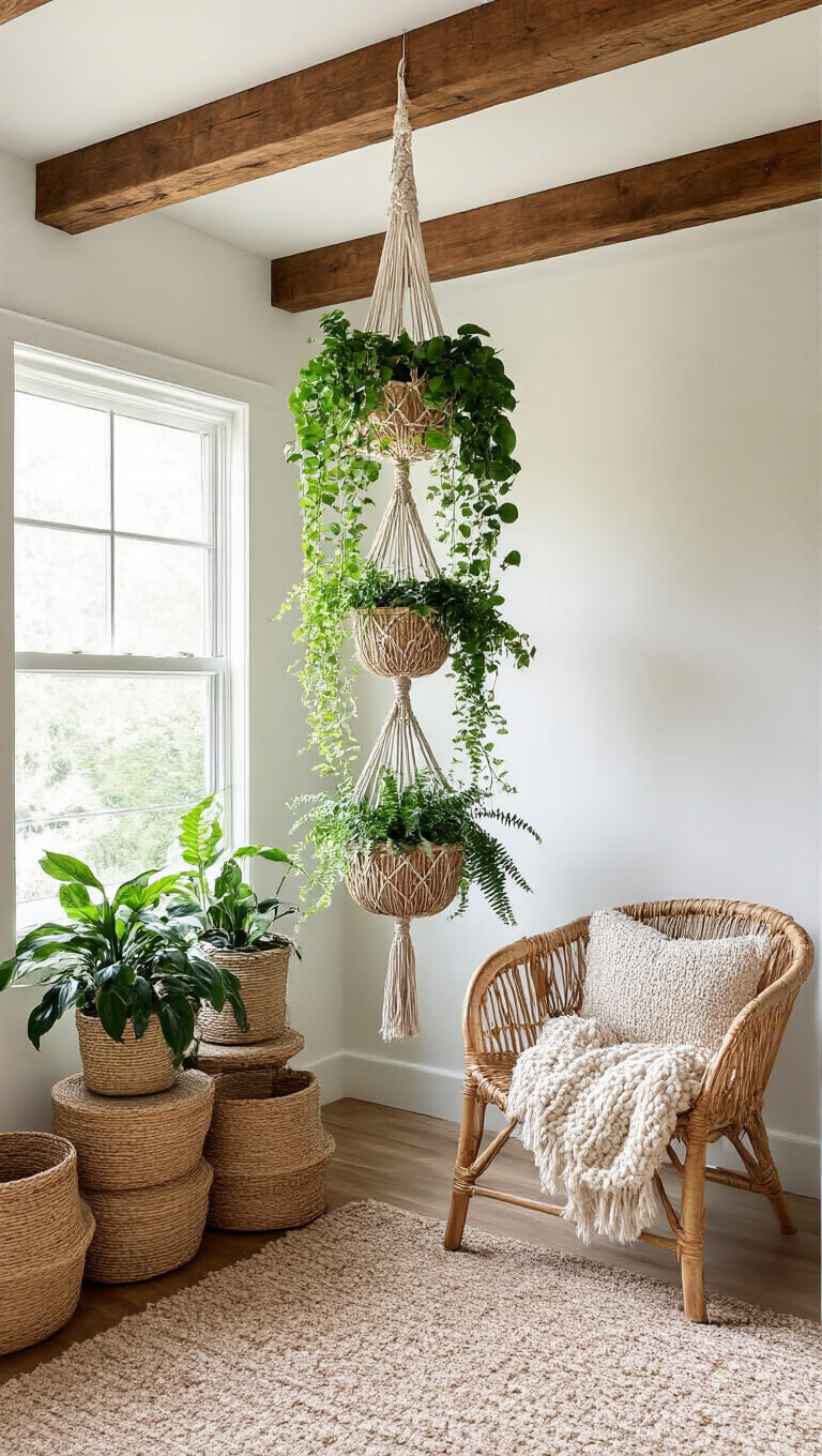 Boho bedroom corner with hanging plants in macramé holders, rattan chair with chunky knit throw, and woven baskets under exposed wooden beams.