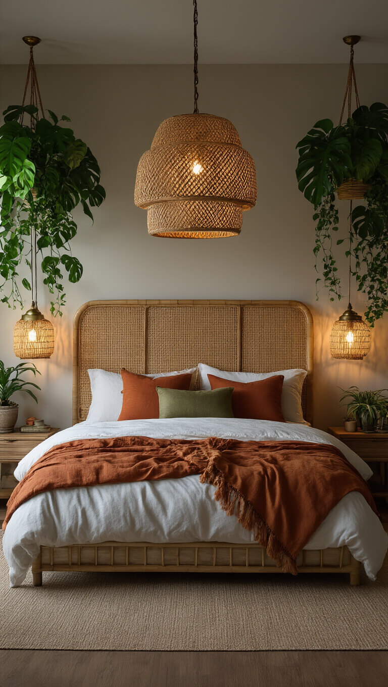 Cozy bedroom at dusk with queen bed centered on 12ft wall, oversized woven headboard, ambient lighting from rattan pendant and brass sconces, framed by hanging monstera and pothos plants, textured rust, cream, and olive pillows.