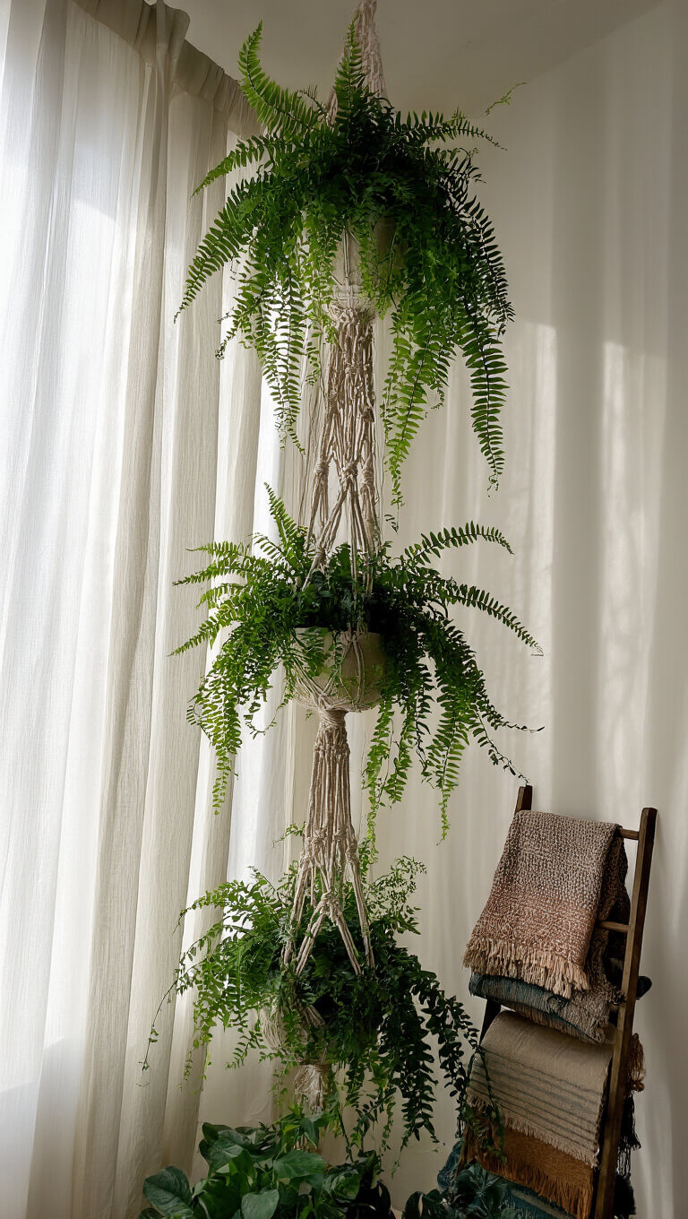 Dramatic low-angle view of hanging macramé planters with ferns and vines, vintage ladder with textiles, and soft natural light through sheer curtains.
