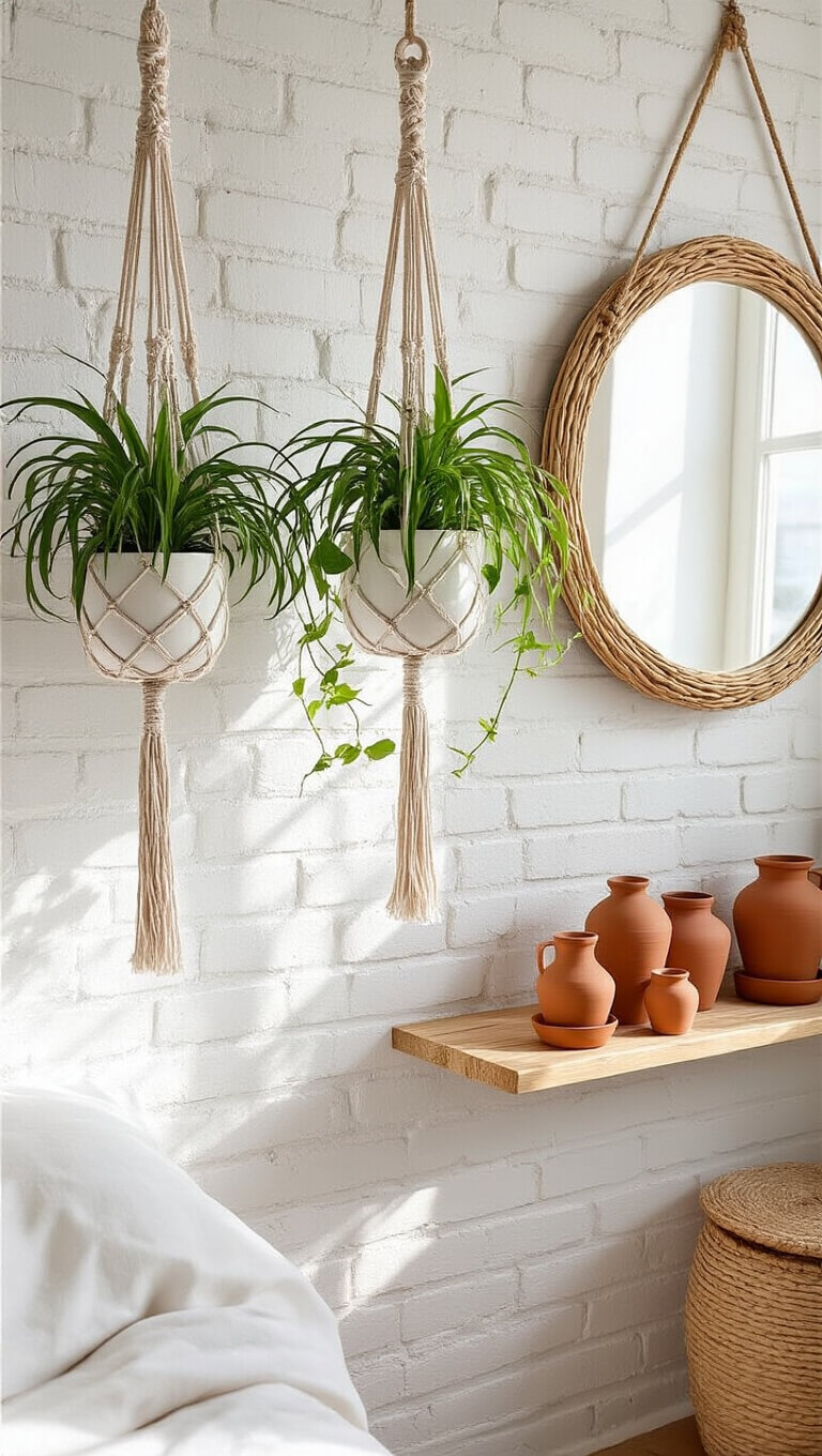 Minimalist boho bedroom with three spider plants in macramé hangers against a whitewashed brick wall, rattan mirror reflecting light, and terracotta pots on a wooden shelf.
