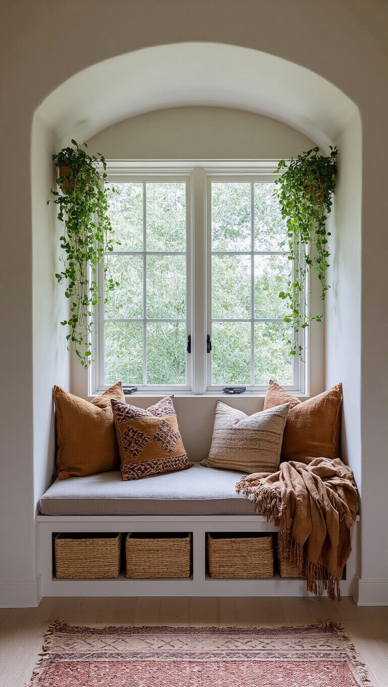 Cozy master bedroom alcove at blue hour with built-in window seat, earth-toned textiles, trailing plants, and handwoven baskets.