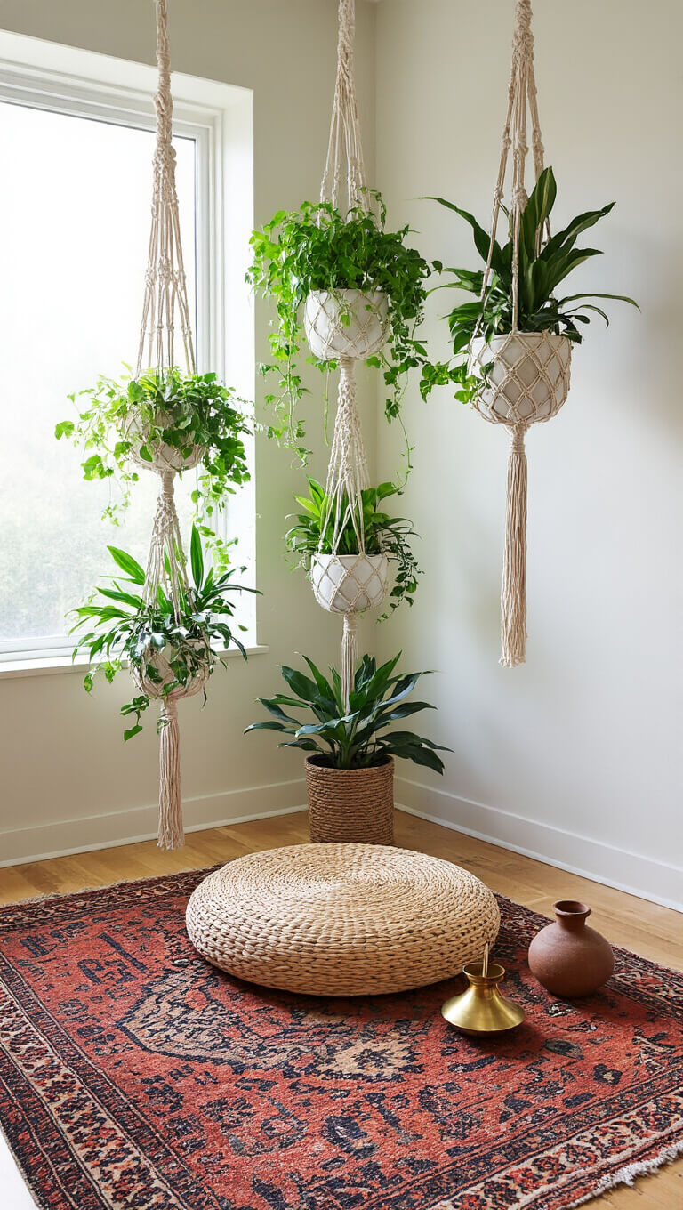 Morning meditation space with five hanging macramé planters of tropical plants, rattan cushion on Moroccan rug, brass incense holder, and ceramic vessels, bathed in morning light.