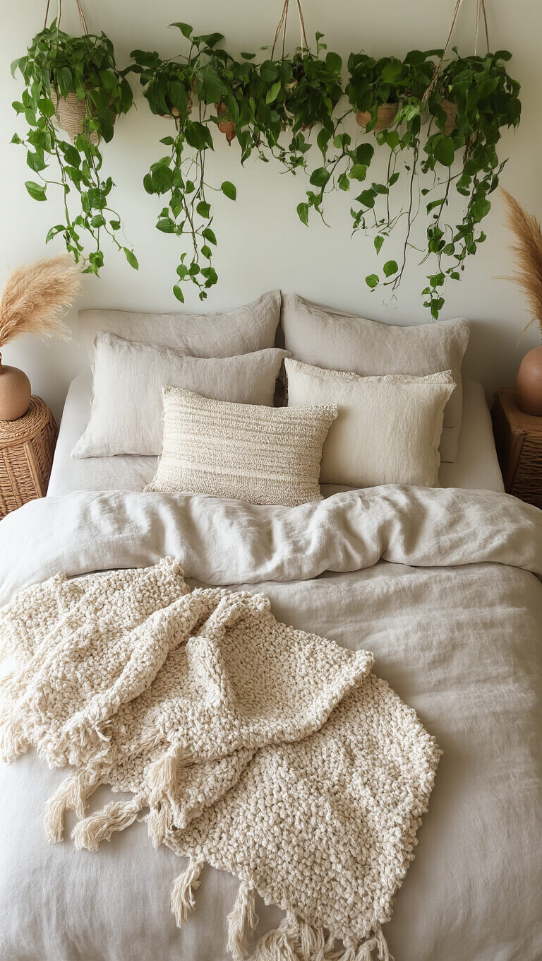 Boho bed styled with natural linen duvet, vintage pillows, hand-knotted throw, trailing pothos, and bedside table with ceramic vessels and pampas grass.
