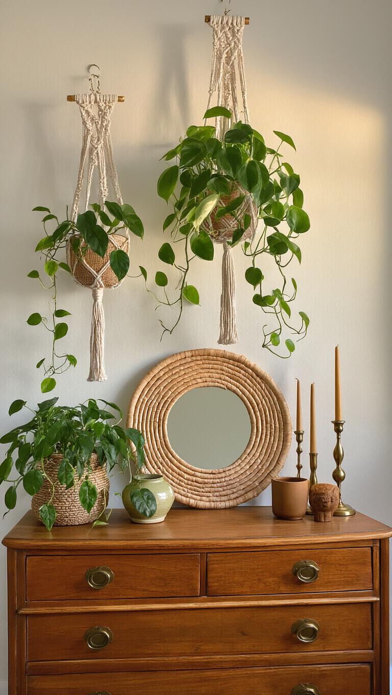 Vintage dresser with brass candlesticks and ceramics beneath rattan mirror, flanked by three hanging philodendrons in macramé holders, bathed in golden hour light.
