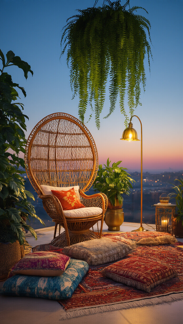 Cozy twilight reading nook with rattan peacock chair, layered cushions, hanging ferns, warm brass lamp, and lush greenery viewed from low angle.
