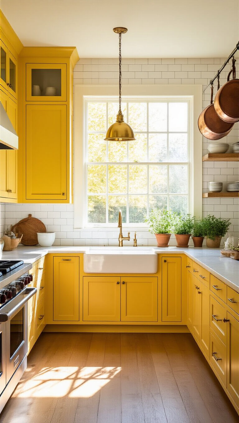 Sunlit modern kitchen with yellow floor-to-ceiling cabinets, quartz island, brass pendants, farmhouse sink, hanging copper pots, and herb-lined window during golden hour.