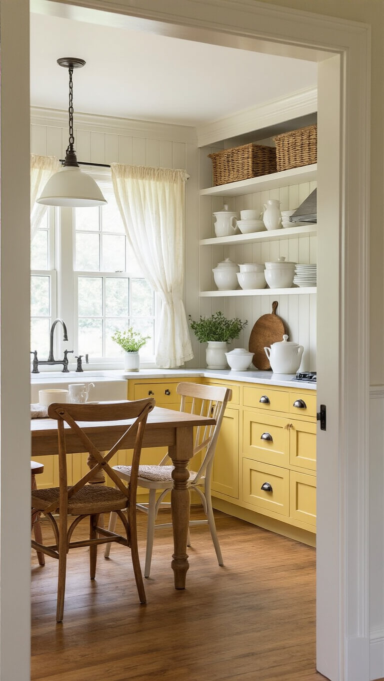 Low-angle view of cozy cottage kitchen with butter-yellow lower cabinets, white uppers, marble countertops, and morning light through cafe curtains.