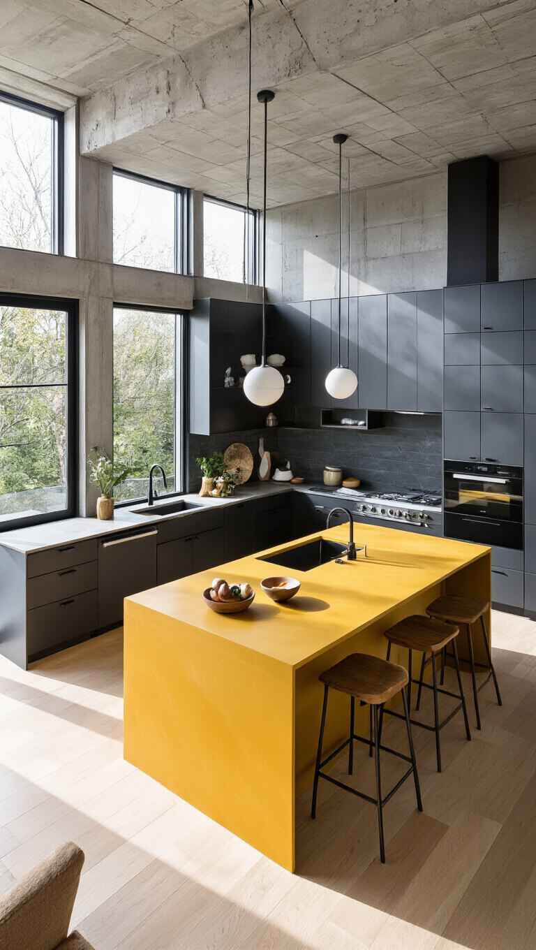 High-angle view of modern open-concept kitchen with mustard yellow island, charcoal cabinets, white oak floors, and double-height windows.