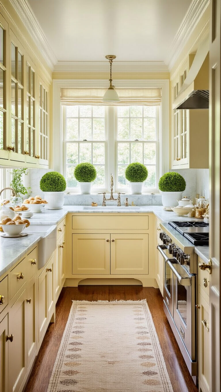 Elegant traditional galley kitchen with pale lemon cabinets, glass fronts, Carrara marble counters, and vintage runner, bathed in soft afternoon light.