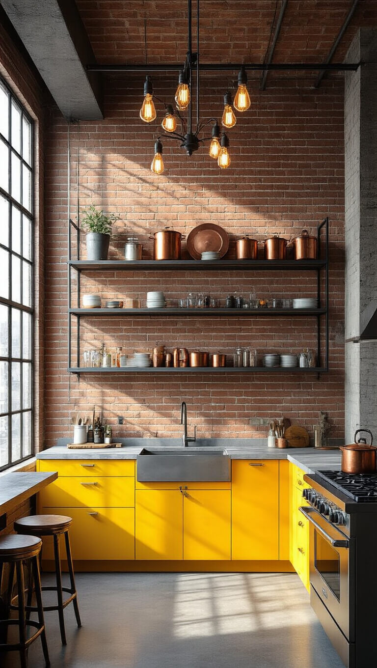 Industrial-modern loft kitchen with saffron yellow cabinets, exposed brick wall, factory windows, and Edison bulb chandelier, shot at sunset from a low Dutch angle.