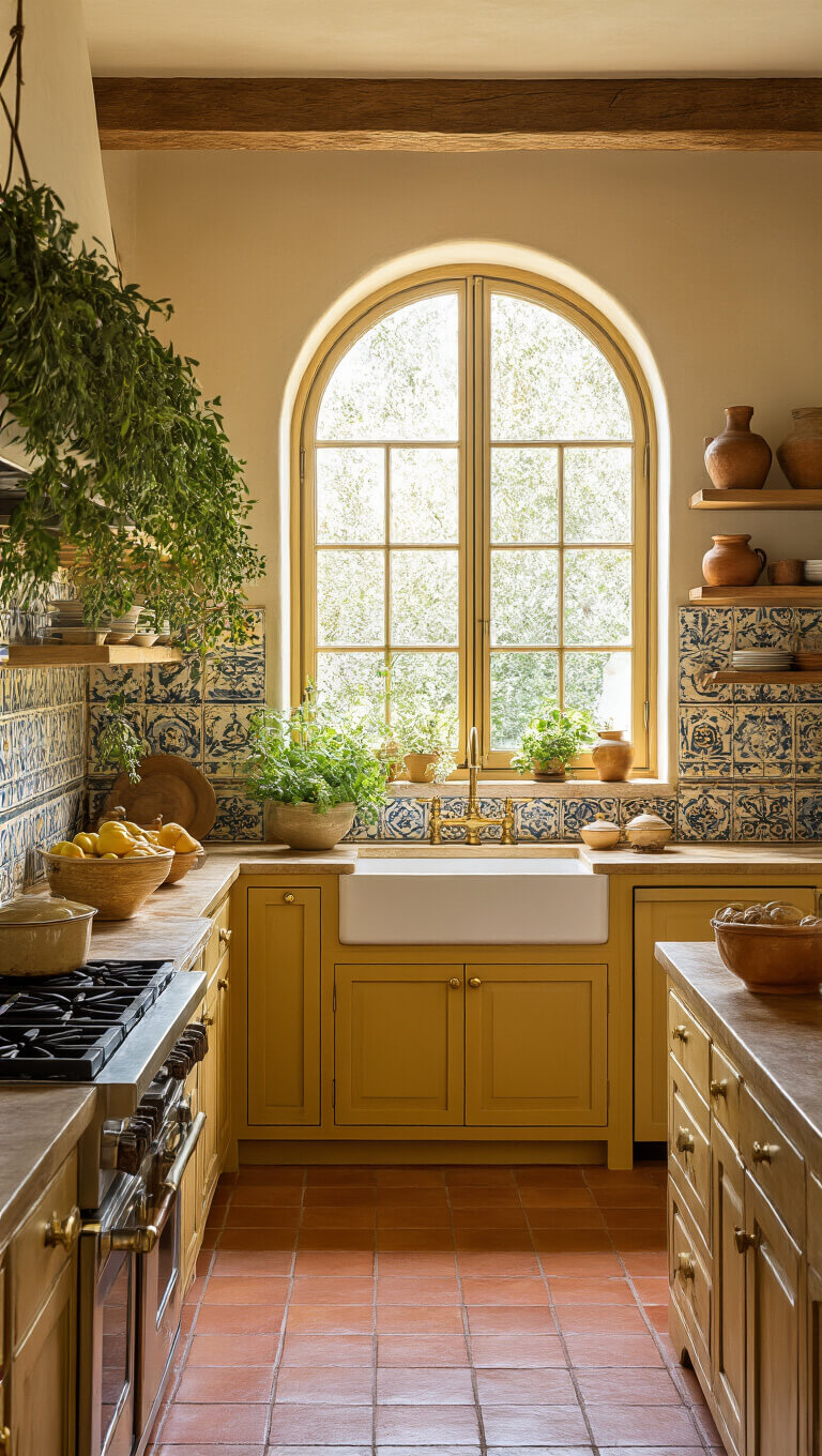 Mediterranean-style kitchen with goldenrod cabinets, hand-painted tile backsplash, terra cotta floors, olive wood shelves, brass hardware, hanging herbs, and sunlit arched window.