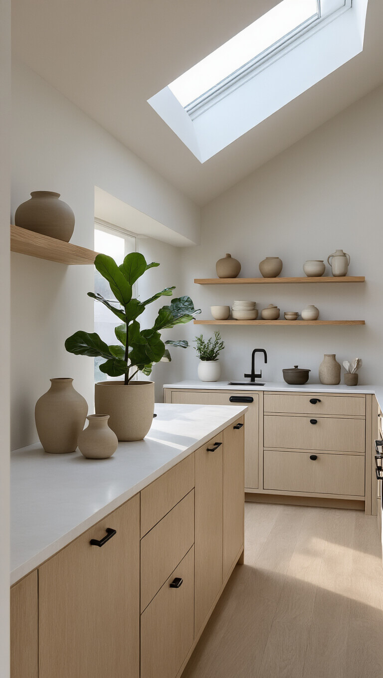 Scandinavian-modern kitchen at dawn with wheat-colored cabinets, white counters, skylight over island, and minimal black hardware.