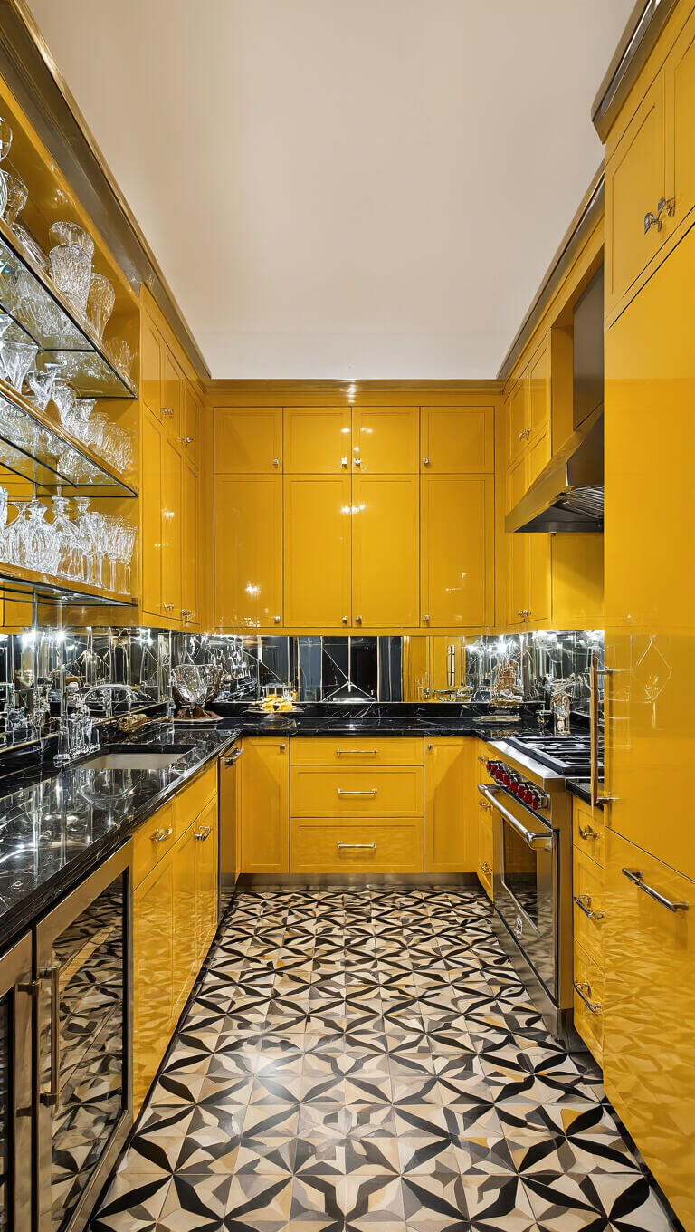 Art Deco revival kitchen with honey-yellow glossy cabinets, geometric tile floor, black marble counters, mirrored backsplash, and crystal decanters on glass shelves; shot from a low angle with warm, sparkling lighting.
