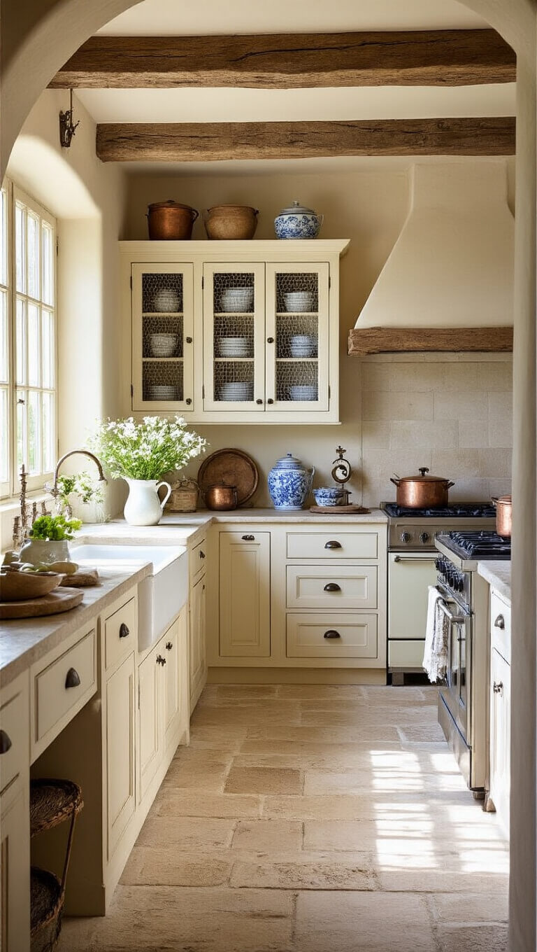 Country French kitchen with buttercream cabinets, chicken wire inserts, exposed wooden beams, limestone floors, copper pots, antique scales, fresh flowers in ironstone pitcher, and blue and white ceramics in soft morning light.