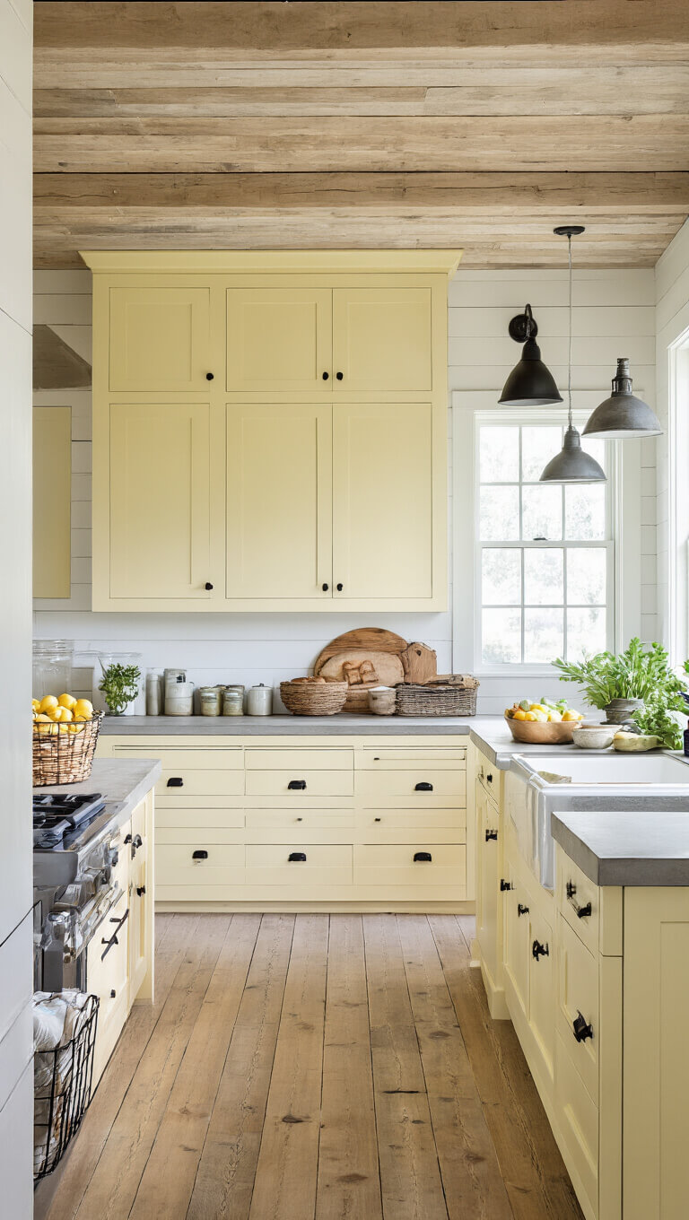 Modern farmhouse kitchen with pale yellow shaker cabinets, concrete counters, and industrial pendant lights, featuring vintage decor and fresh produce in bright natural light.