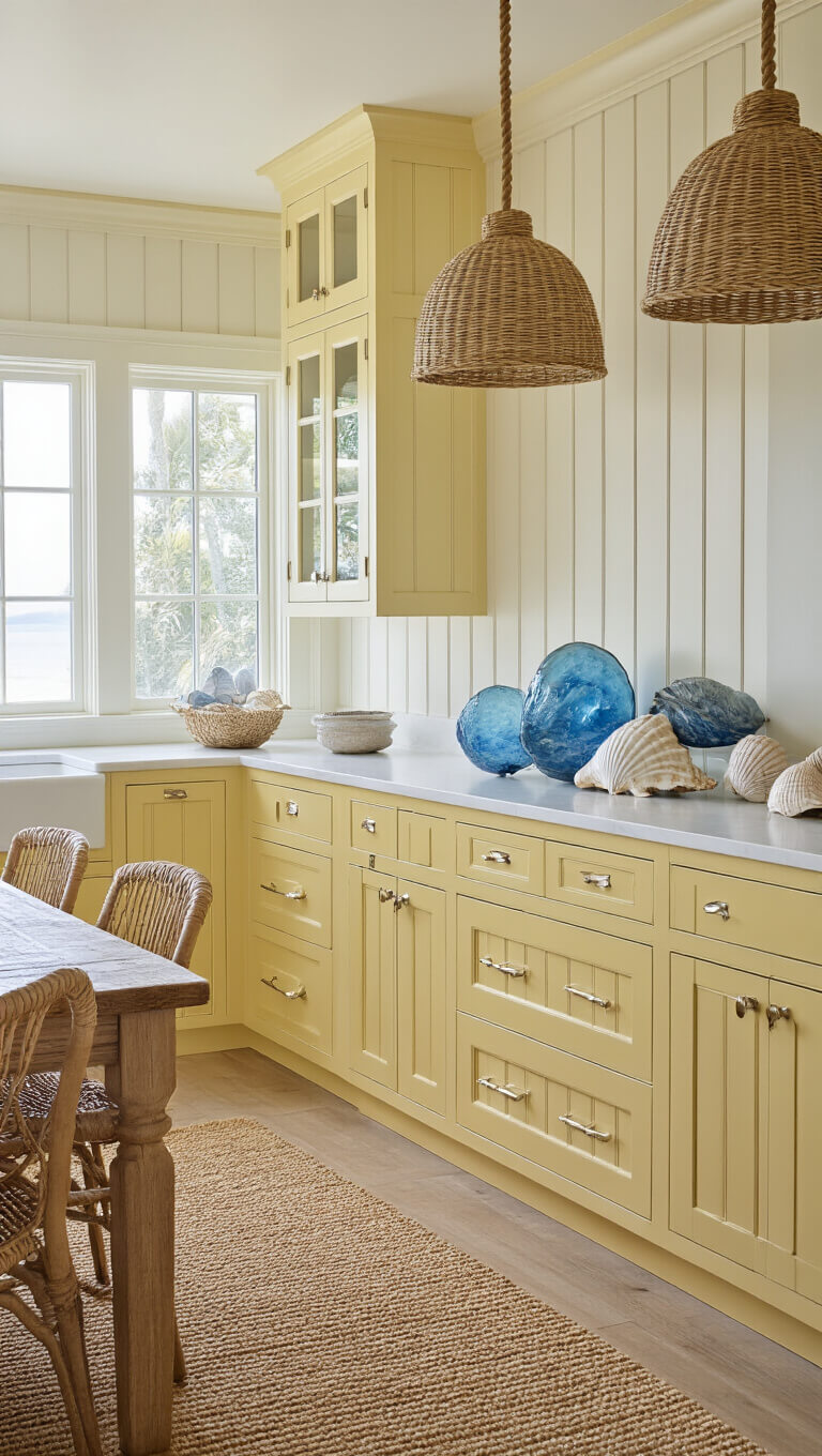 Coastal kitchen with butter yellow beadboard cabinets, white quartz counters, and rope pulls, featuring blue glass floats, shell collection, rattan pendants, and driftwood accents in soft afternoon light.