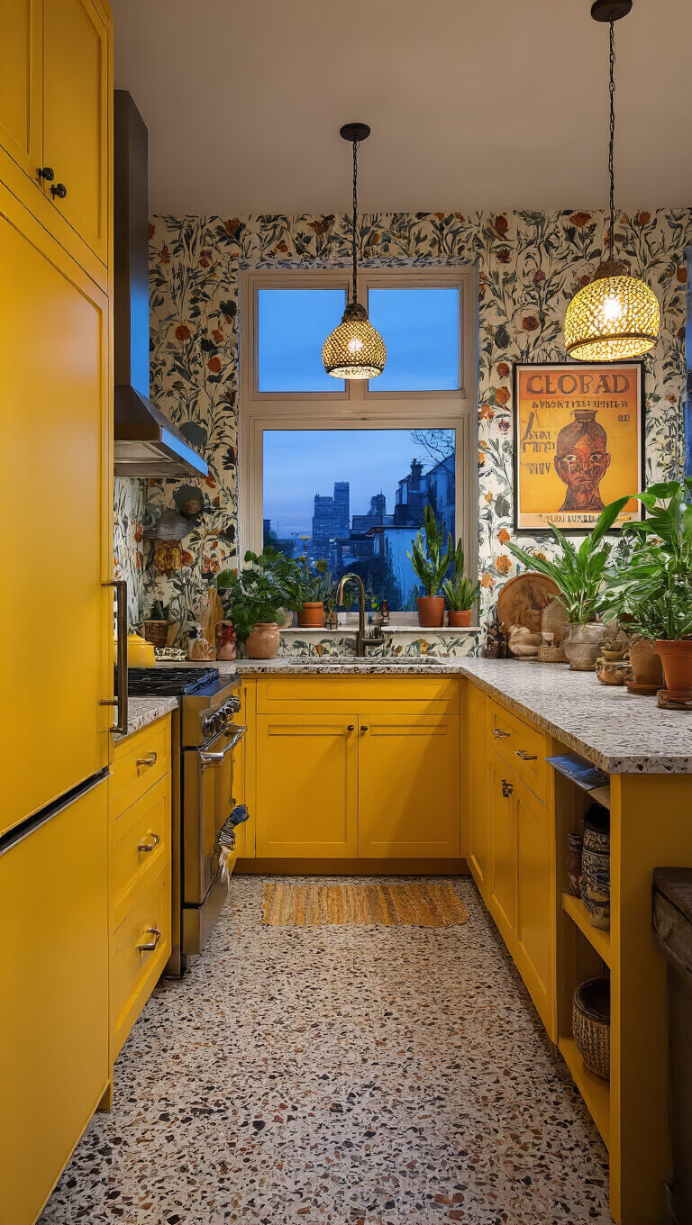 Urban eclectic kitchen at dusk with marigold yellow cabinets, terrazzo counters, mixed metals, global decor, potted plants, vintage posters, Moroccan pendant lights, and a wallpapered wall, viewed from the entry in mixed lighting.