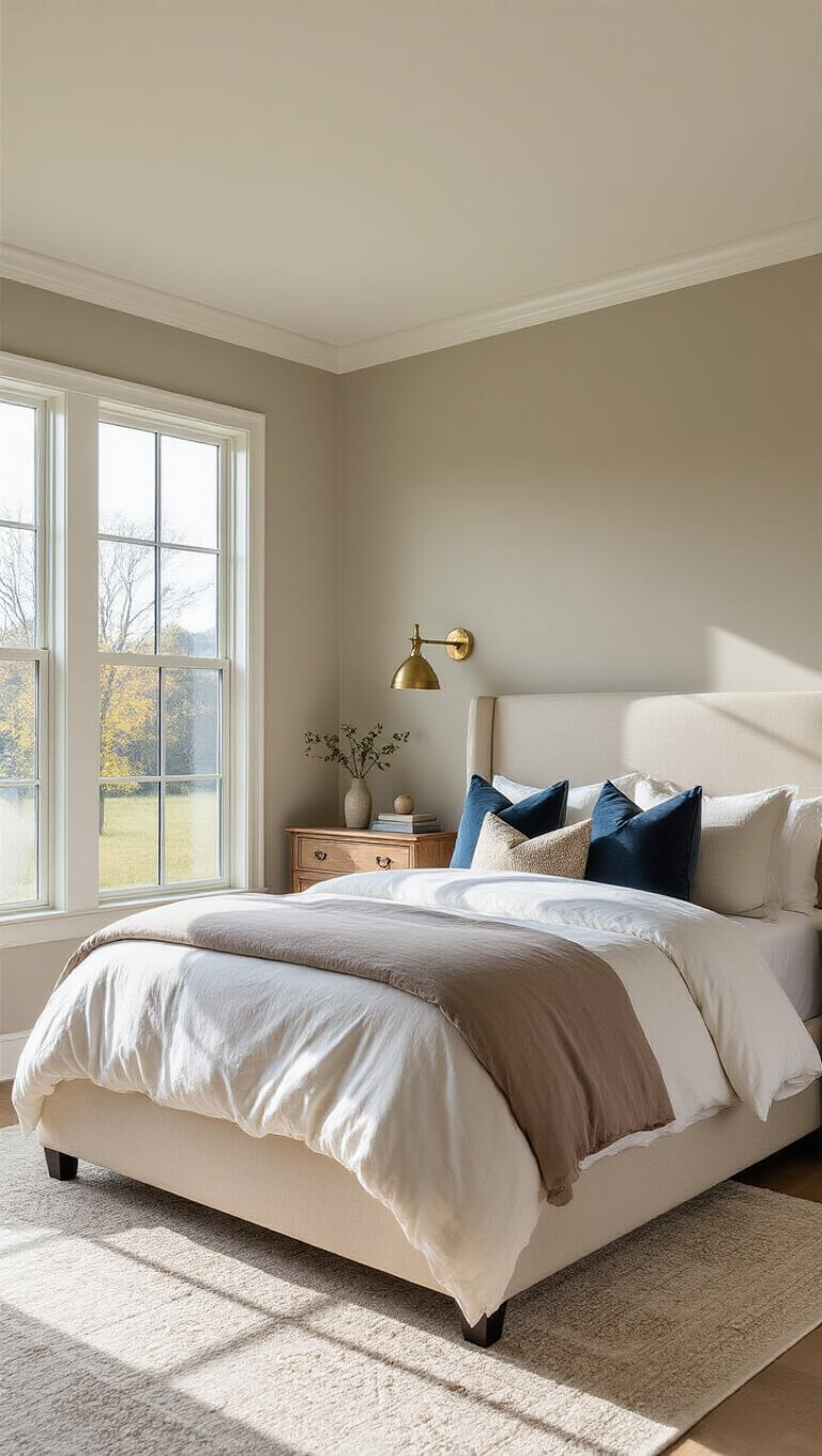 Transitional 14x16ft bedroom with cream king bed, taupe bedding, blue pillows, brass sconces, and morning light through floor-to-ceiling windows.