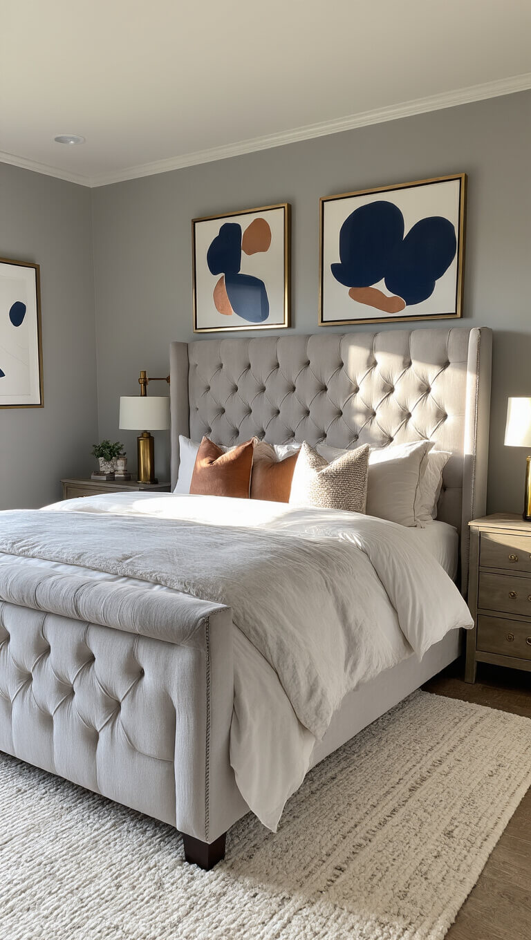 Transitional bedroom with dove grey tufted headboard, mixed metal accents, ivory wool rug, and abstract navy and copper art bathed in late afternoon light.