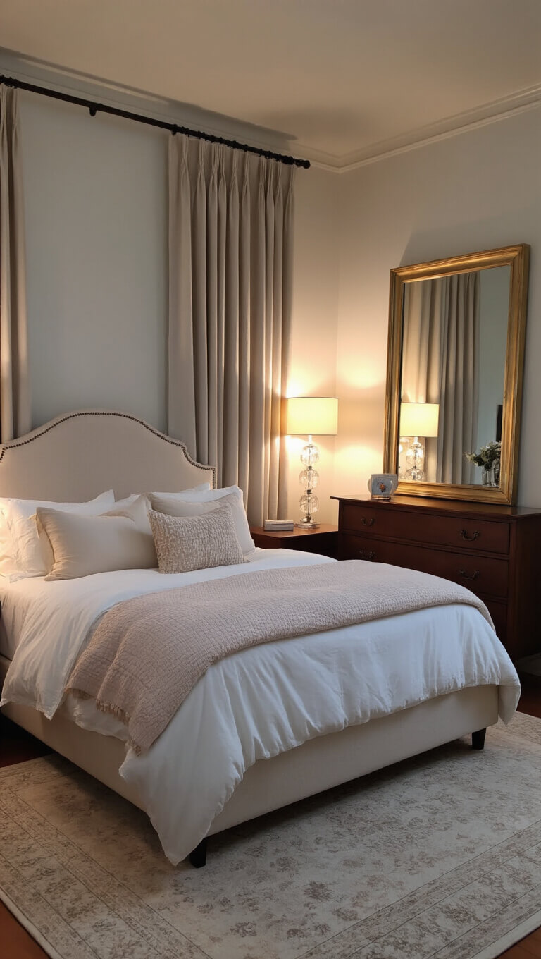 Cozy transitional bedroom with queen bed, warm crystal lamp lighting, cherry wood dresser, and soft-toned bedding during blue hour.