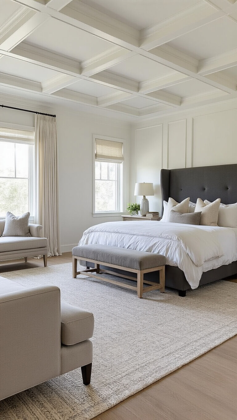 Spacious primary bedroom with coffered ceiling, paneled white walls, charcoal wingback California king bed, symmetrical bleached oak nightstands, velvet chaise lounge, and balanced natural and ambient lighting.