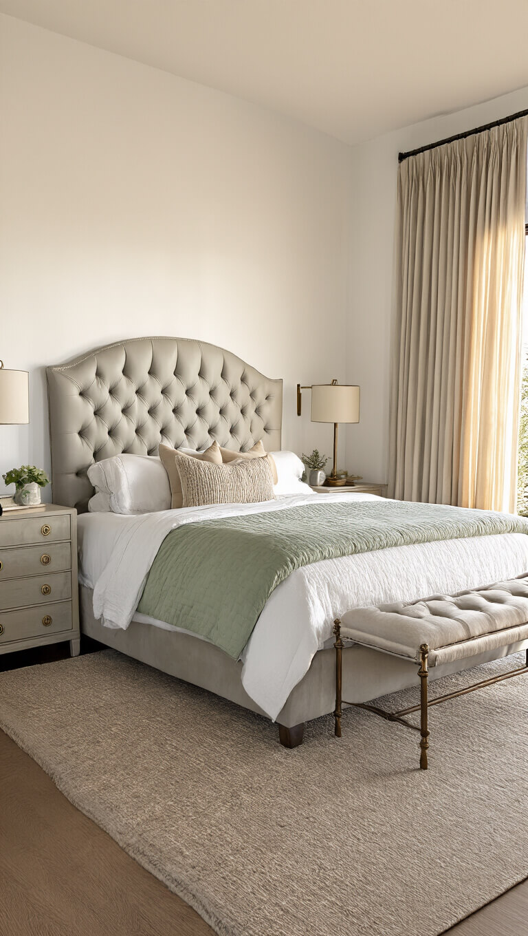 Transitional 13x15ft bedroom at golden hour with pearl grey tufted bed, layered bedding in white and sage, brass-accented nightstands, traditional lamps, and sheer linen drapes filtering warm light.