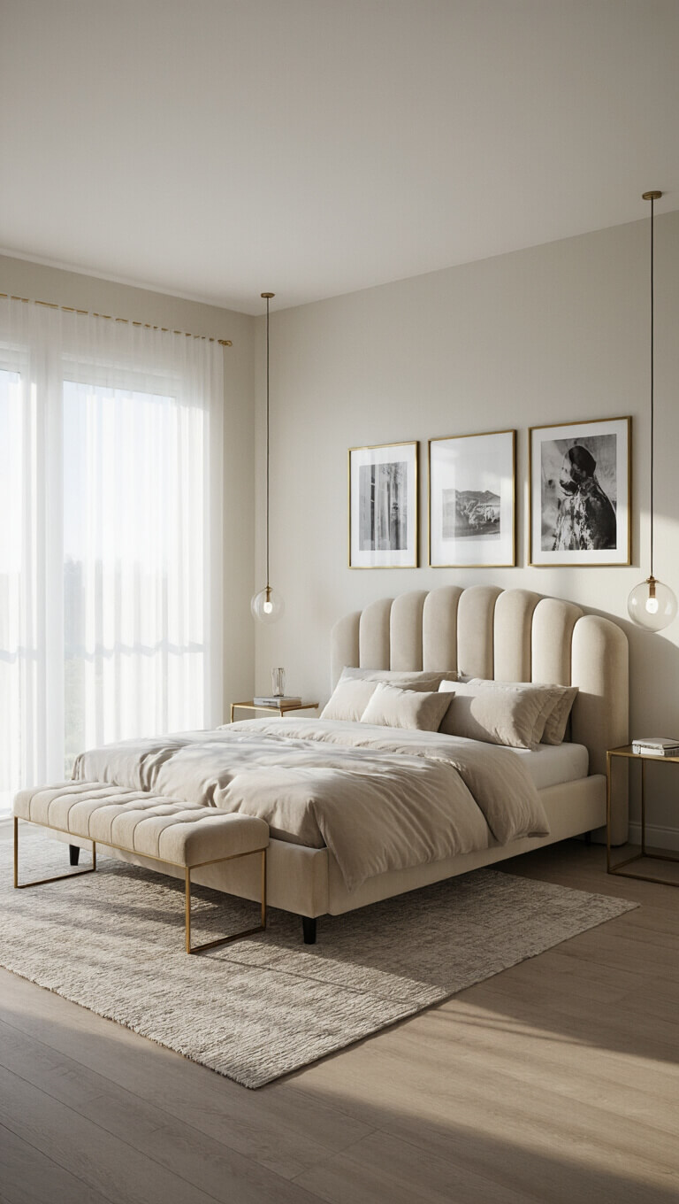 Airy 15x17ft bedroom at dawn with soft light filtering through sheer panels, featuring a champagne velvet platform bed, brushed brass tables, glass globe pendants, black and white gallery wall, bouclé bench, and silk rug.