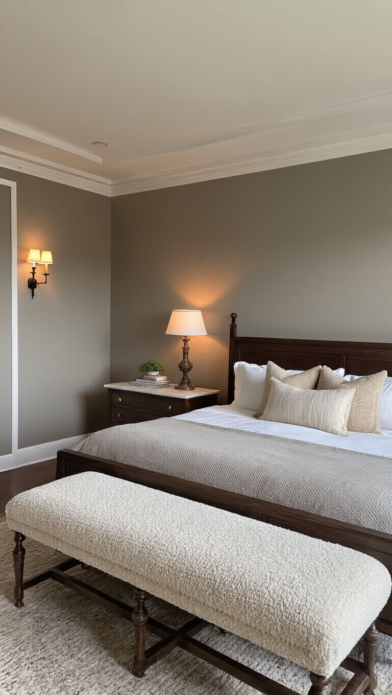 Transitional 12x14ft bedroom at dusk with layered lighting, dark walnut bed, cream bouclé bench, marble-topped nightstands, and warm pewter walls.