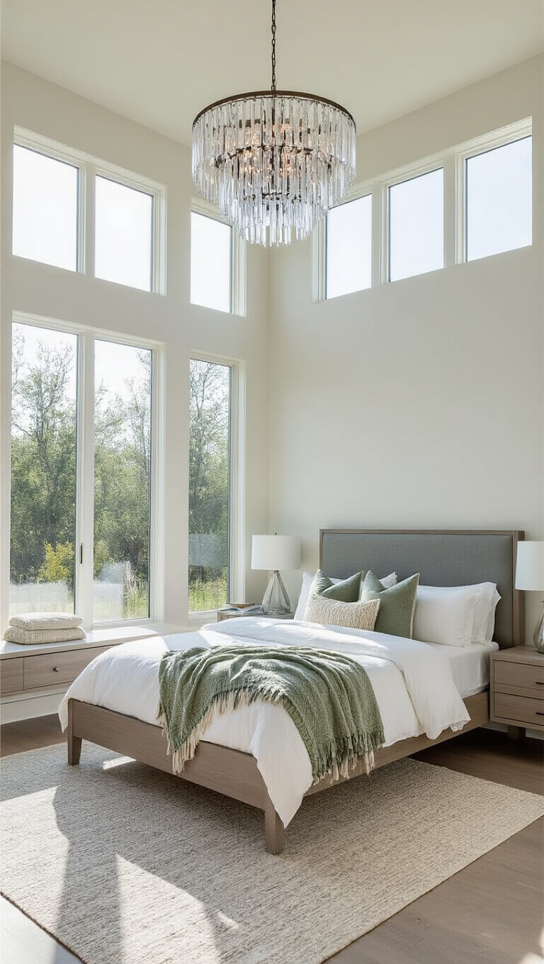 Sunlit corner bedroom with floor-to-ceiling windows, modern grey oak platform bed, white linens, sage and ivory throws, and crystal chandelier.