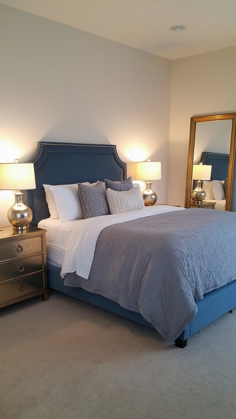 Cozy 11x13ft twilight bedroom with ambient mercury glass lamp lighting, slate blue velvet upholstered queen bed, layered bedding, textured accents, and a traditional chest with modern gold mirror.