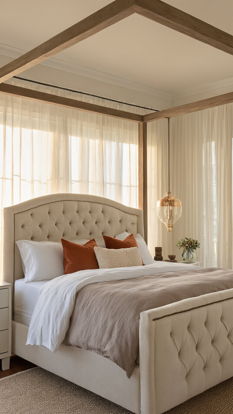 Elegant 15x18ft primary bedroom at sunset with tufted cream linen king canopy bed, layered bedding, mixed metal accents, and warm golden hour lighting through sheer curtains.