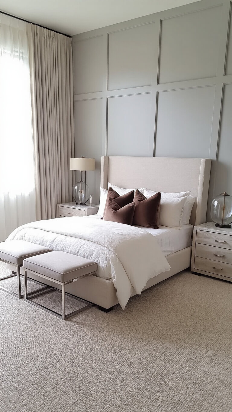 Transitional 13x15ft bedroom with pale grey paneled wall, natural linen platform bed, chrome and marble nightstands, glass lamps, and rich textures in morning light.