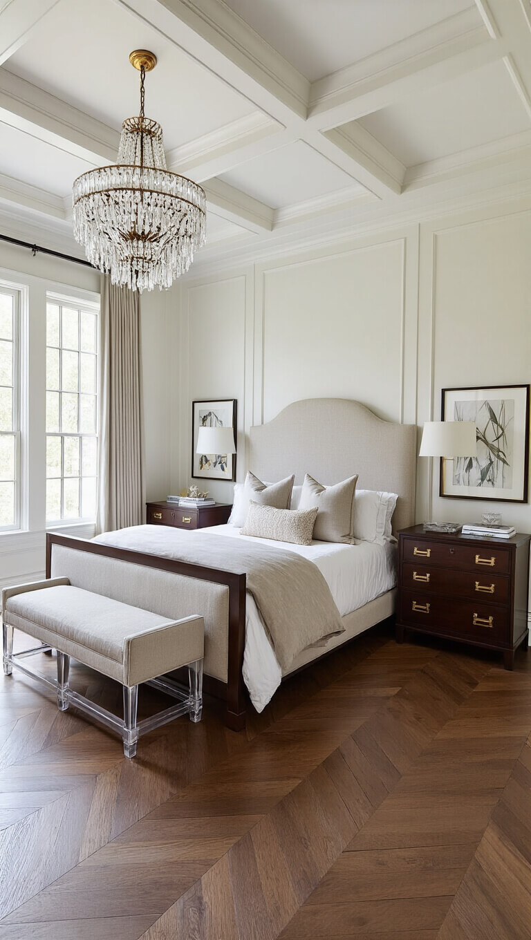 Midday view of 16x14ft bedroom with coffered ceiling, herringbone hardwood floors, dark mahogany bed with greige upholstered headboard, matching chests with lucite and brass hardware, crystal chandelier, and modern art.